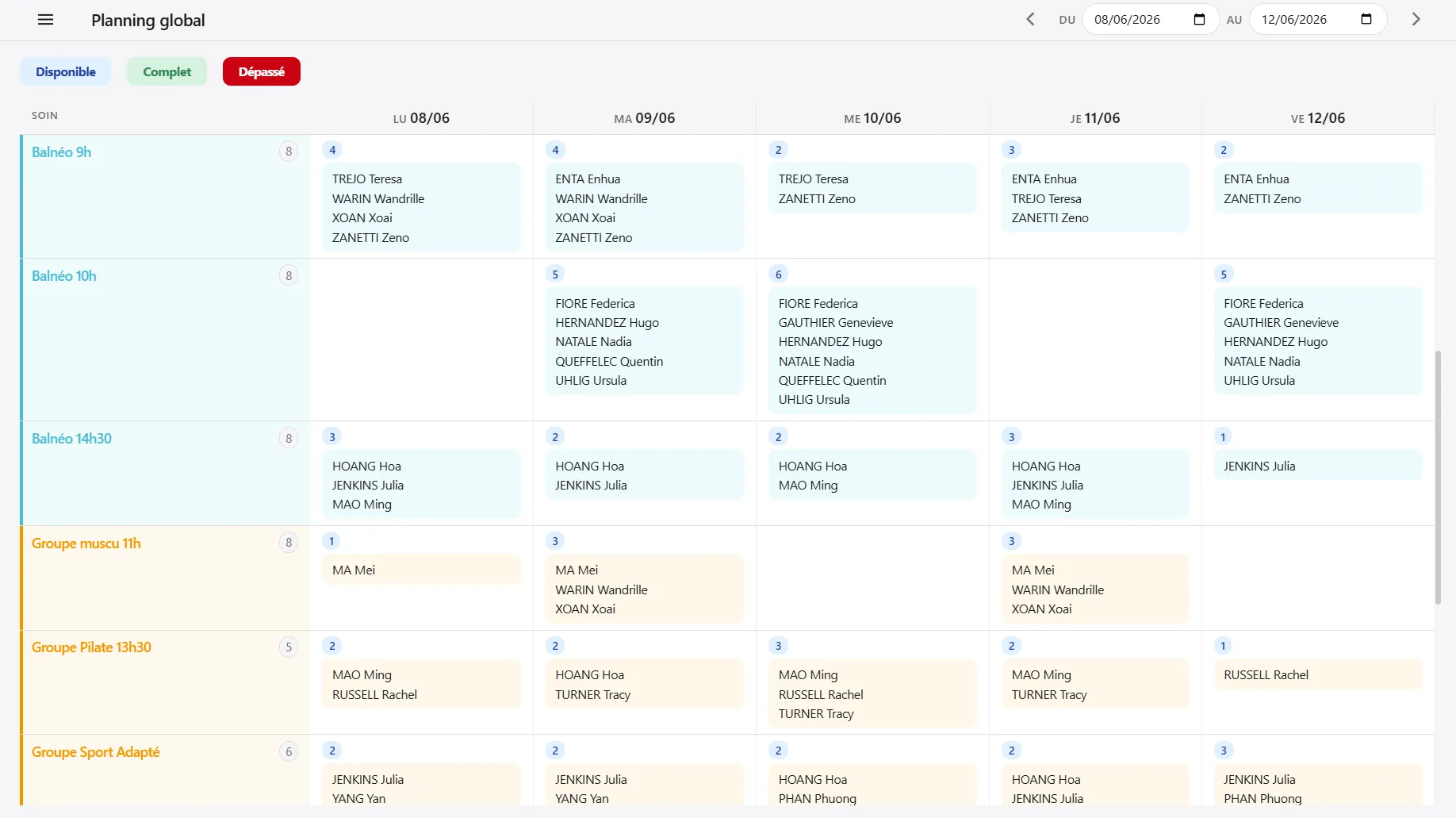 Planning global HOP — vue calendrier des patients par soins